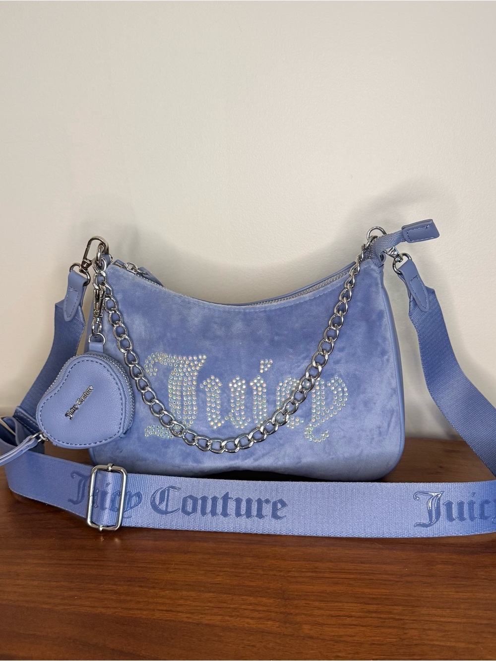 Juicy Couture Light Blue Suede Mini Shoulder Bag with Chain and Logo Strap